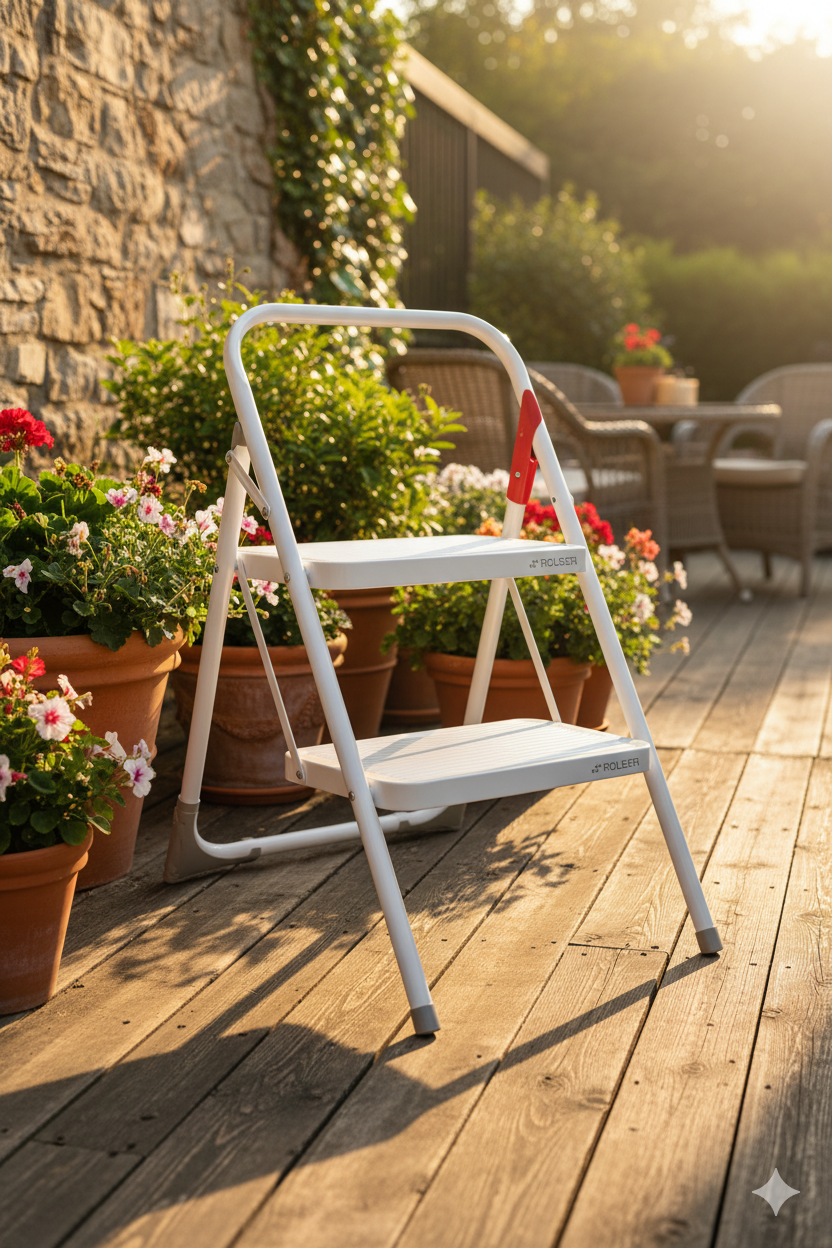 Escalera Blanca 2 Peldaños con Agarradera Blanca Rolser
